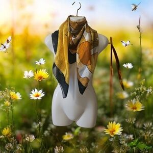 Vintage Picasso Scarf Gold Black Tones Silky.  Abstract Design Versatile Piece